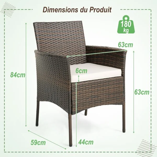 Ensemble de 4 Chaises de Jardin en Rotin Chaises en Rotin PE avec Coussins Moelleux Cadre Métallique Robuste Accoudoirs Incurvés