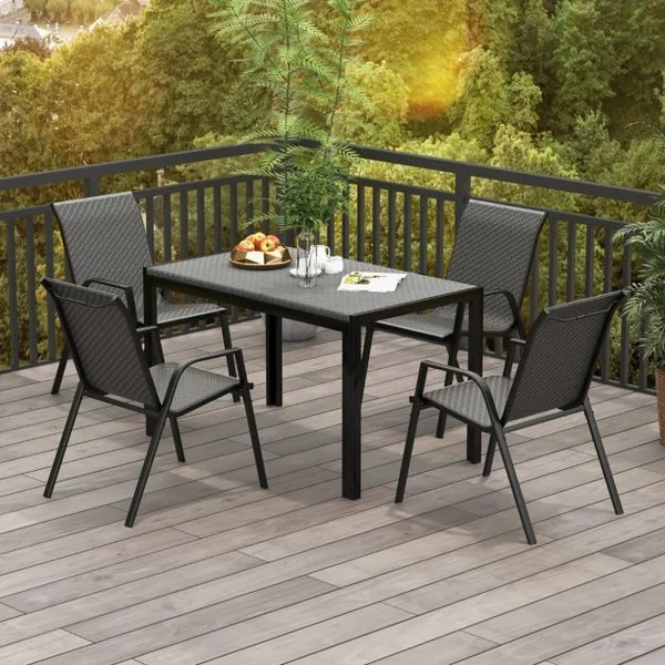 Ensemble de 4 Chaises de Patio en Rotin Chaises de Salle à Manger Empilables avec Siège et Dossier Cadre en Métal Robuste Marron