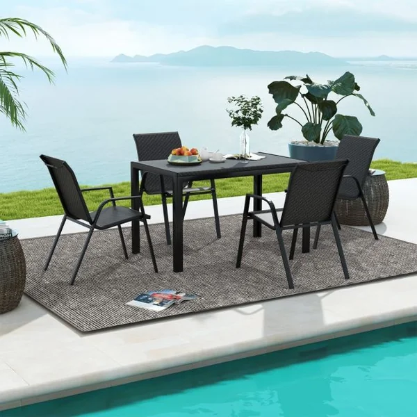 Ensemble de 4 Chaises de Patio en Rotin Chaises de Salle à Manger Empilables avec Siège et Dossier Cadre en Métal Robuste Marron