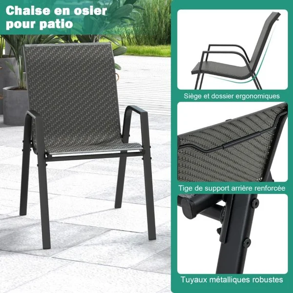 Ensemble de 4 Chaises de Patio en Rotin Chaises de Salle à Manger Empilables avec Siège et Dossier Cadre en Métal Robuste Marron