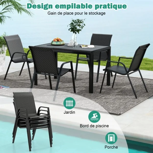 Ensemble de 4 Chaises de Patio en Rotin Chaises de Salle à Manger Empilables avec Siège et Dossier Cadre en Métal Robuste Marron