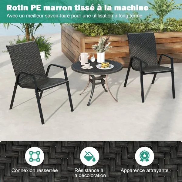 Ensemble de 4 Chaises de Patio en Rotin Chaises de Salle à Manger Empilables avec Siège et Dossier Cadre en Métal Robuste Marron