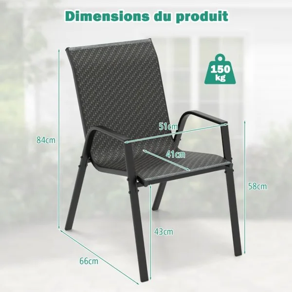 Ensemble de 4 Chaises de Patio en Rotin Chaises de Salle à Manger Empilables avec Siège et Dossier Cadre en Métal Robuste Marron