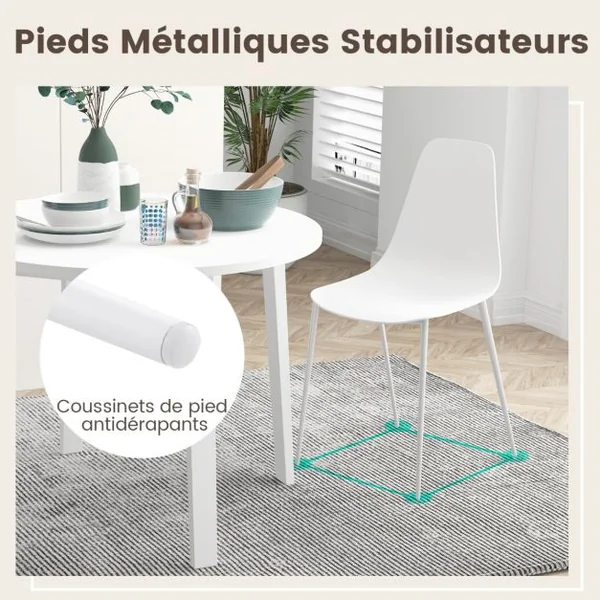 Ensemble de 4 Chaises de Salle à Manger Chaise de Loisirs avec Pieds en Métal et Patins Antidérapants 4 Chaises de Salon Blanc