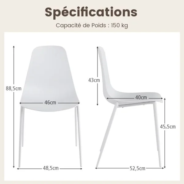 Ensemble de 4 Chaises de Salle à Manger Chaise de Loisirs avec Pieds en Métal et Patins Antidérapants 4 Chaises de Salon Blanc