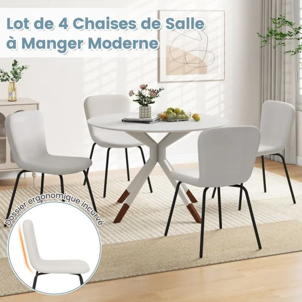 Ensemble de 4 Chaises de Salle à Manger Chaise Rembourrée Moderne avec Dossier et Pieds en Métal Blanc