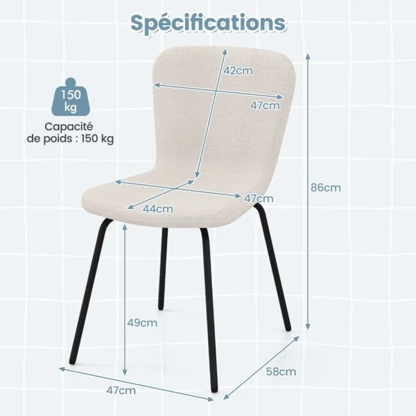 Ensemble de 4 Chaises de Salle à Manger Chaise Rembourrée Moderne avec Dossier et Pieds en Métal Blanc