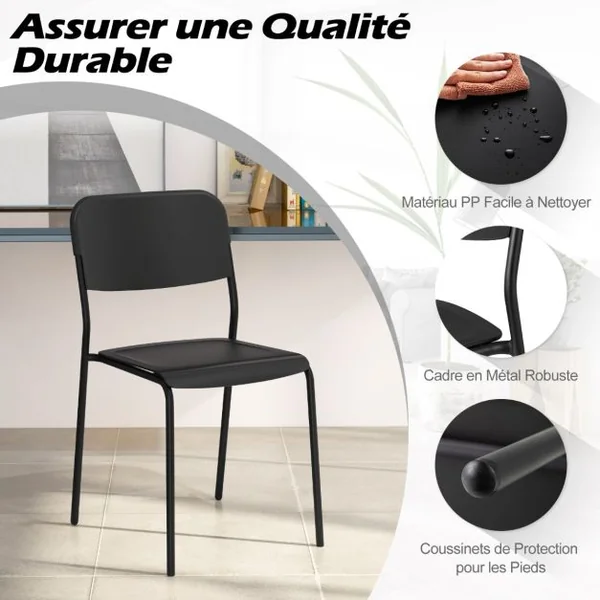 Ensemble de 4 Chaises de Salle à Manger Modernes Chaises Empilables Dossier Incliné Pieds en Métal Sans Accoudoirs Blanc/Noir