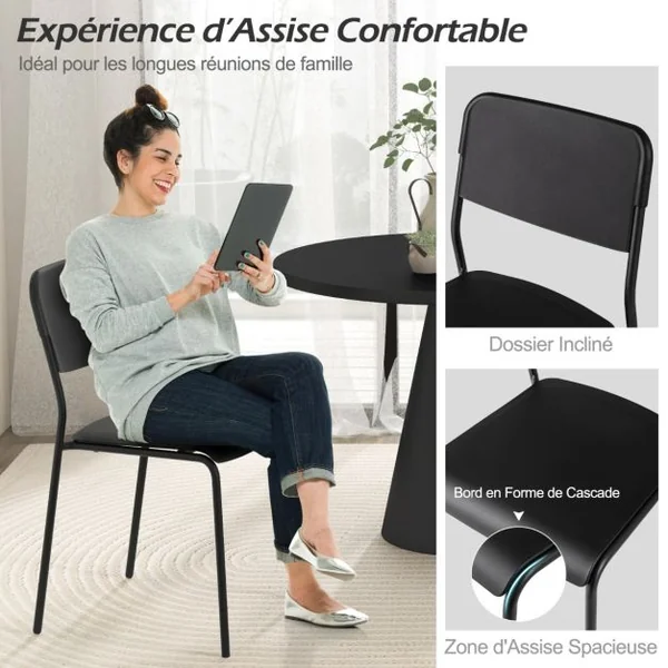 Ensemble de 4 Chaises de Salle à Manger Modernes Chaises Empilables Dossier Incliné Pieds en Métal Sans Accoudoirs Blanc/Noir