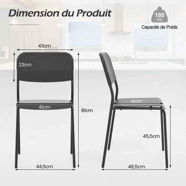 Ensemble de 4 Chaises de Salle à Manger Modernes Chaises Empilables Dossier Incliné Pieds en Métal Sans Accoudoirs Blanc/Noir