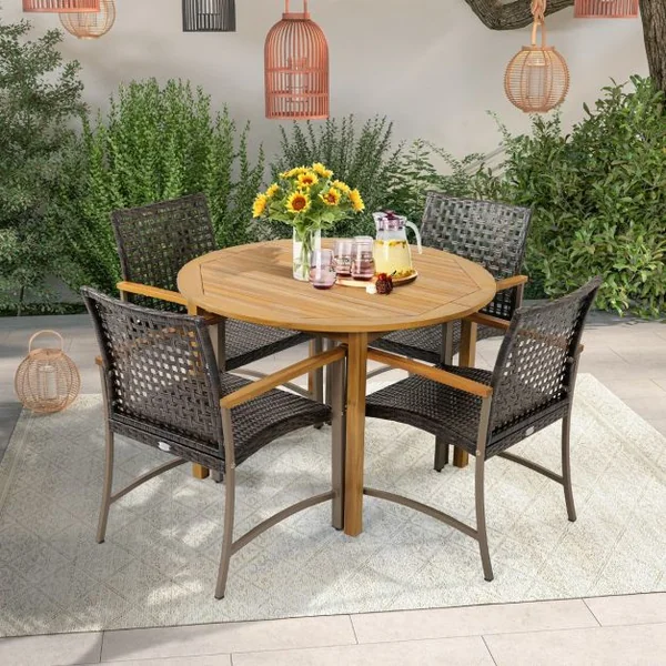 Ensemble de 4 Chaises en Rotin pour l'Extérieur Chaises avec Accoudoirs en Bois d'Acacia Structure Métallique Robuste Chaises Ergonomiques