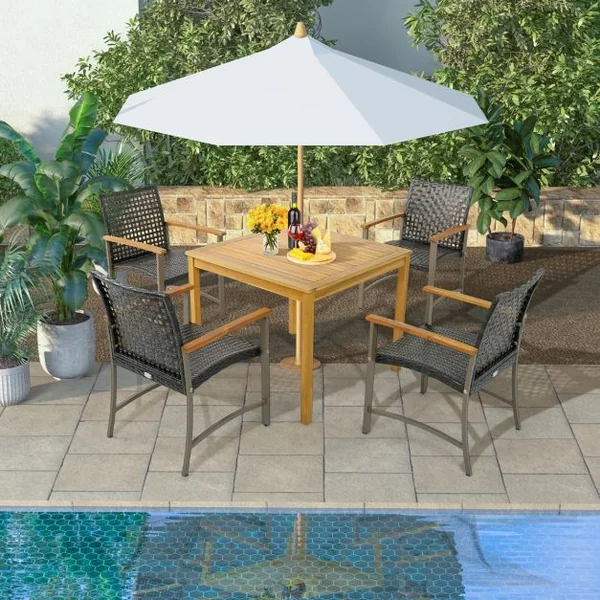Ensemble de 4 Chaises en Rotin pour l'Extérieur Chaises avec Accoudoirs en Bois d'Acacia Structure Métallique Robuste Chaises Ergonomiques