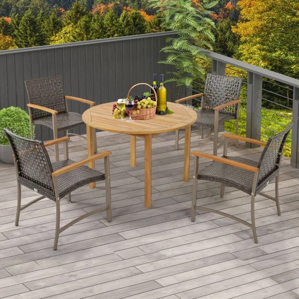 Ensemble de 4 Chaises en Rotin pour l'Extérieur Chaises avec Accoudoirs en Bois d'Acacia Structure Métallique Robuste Chaises Ergonomiques
