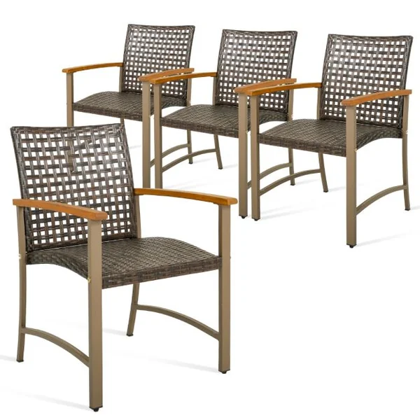 Ensemble de 4 Chaises en Rotin pour l'Extérieur Chaises avec Accoudoirs en Bois d'Acacia Structure Métallique Robuste Chaises Ergonomiques
