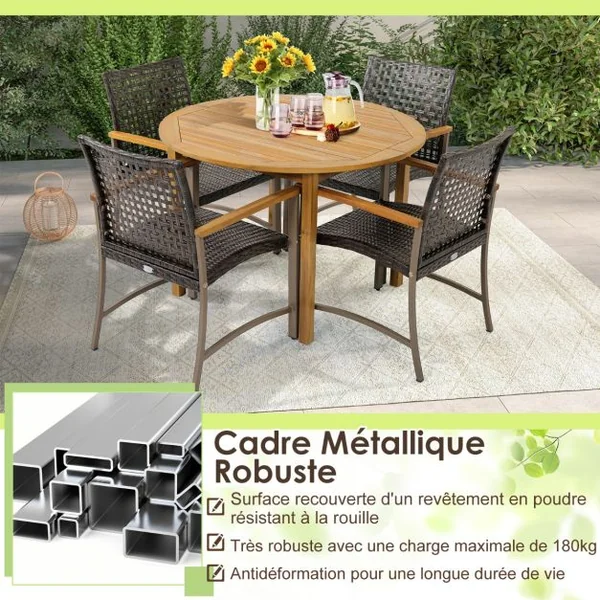 Ensemble de 4 Chaises en Rotin pour l'Extérieur Chaises avec Accoudoirs en Bois d'Acacia Structure Métallique Robuste Chaises Ergonomiques