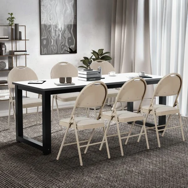 Ensemble de 4 Chaises Rembourrées Pliables Chaises Pliantes avec Dossier Recouvert de Tissu Cadre en Métal Patins Antidérapants Beige/Gris