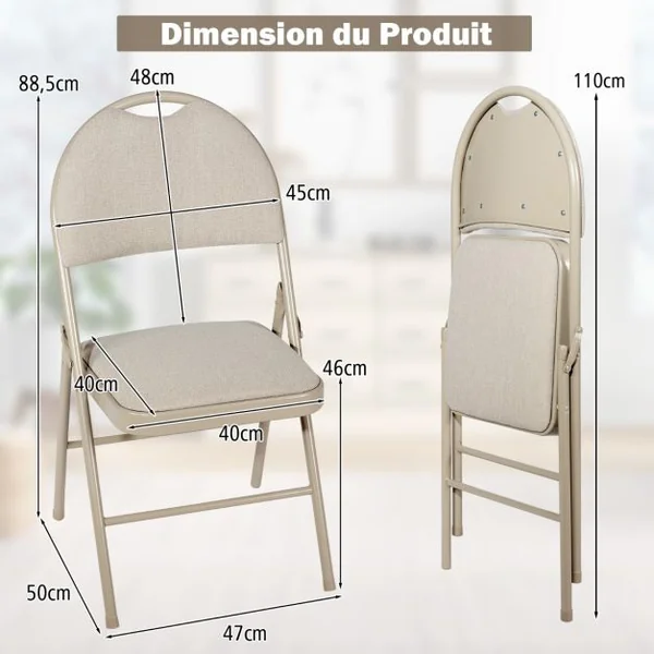 Ensemble de 4 Chaises Rembourrées Pliables Chaises Pliantes avec Dossier Recouvert de Tissu Cadre en Métal Patins Antidérapants Beige/Gris