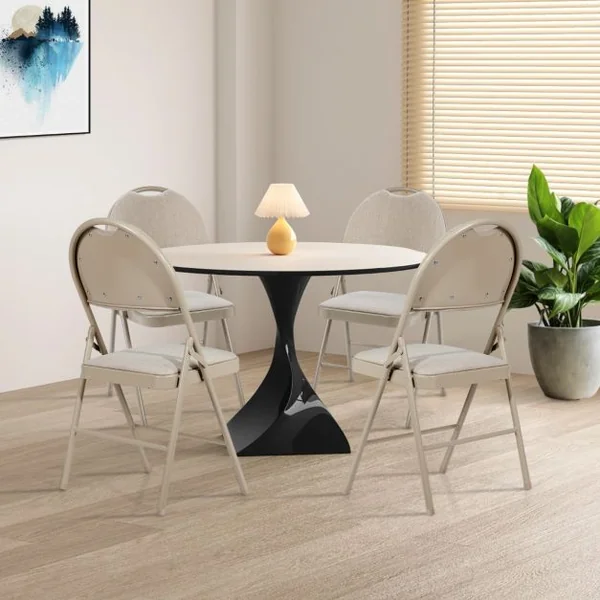 Ensemble de 4 Chaises Rembourrées Pliables Chaises Pliantes avec Dossier Recouvert de Tissu Cadre en Métal Patins Antidérapants Beige/Gris