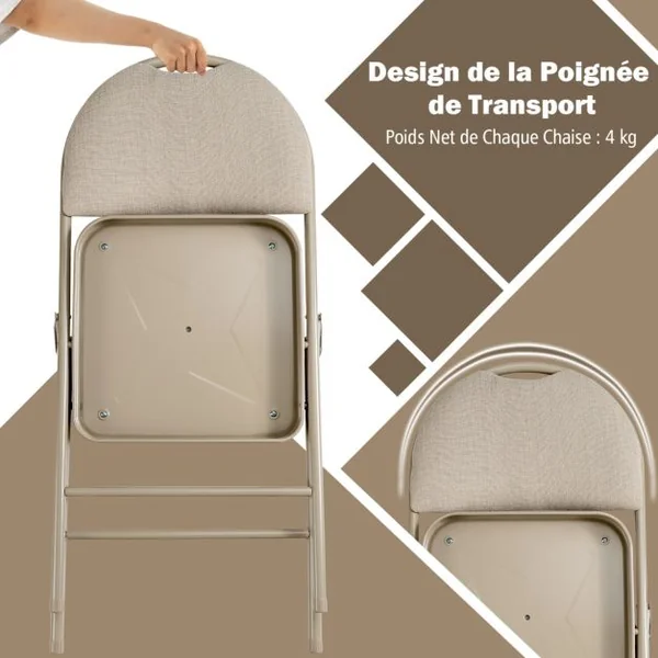 Ensemble de 4 Chaises Rembourrées Pliables Chaises Pliantes avec Dossier Recouvert de Tissu Cadre en Métal Patins Antidérapants Beige/Gris