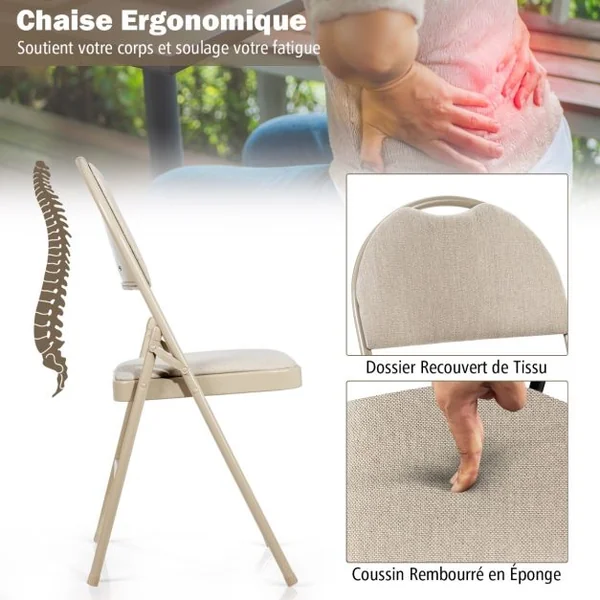 Ensemble de 4 Chaises Rembourrées Pliables Chaises Pliantes avec Dossier Recouvert de Tissu Cadre en Métal Patins Antidérapants Beige/Gris