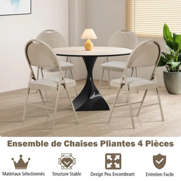 Ensemble de 4 Chaises Rembourrées Pliables Chaises Pliantes avec Dossier Recouvert de Tissu Cadre en Métal Patins Antidérapants Beige/Gris