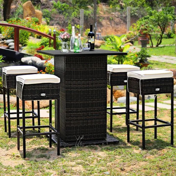 Ensemble de Bar de Jardin 5 PCS en Rotin PE Tabouret Charge 160KG Ensemble de Mobilier avec Coussins Étagère de Rangement Cachée Noir