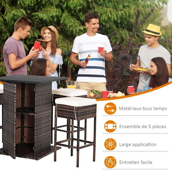 Ensemble de Bar de Jardin 5 PCS en Rotin PE Tabouret Charge 160KG Ensemble de Mobilier avec Coussins Étagère de Rangement Cachée Noir