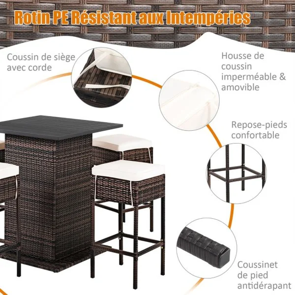 Ensemble de Bar de Jardin 5 PCS en Rotin PE Tabouret Charge 160KG Ensemble de Mobilier avec Coussins Étagère de Rangement Cachée Noir
