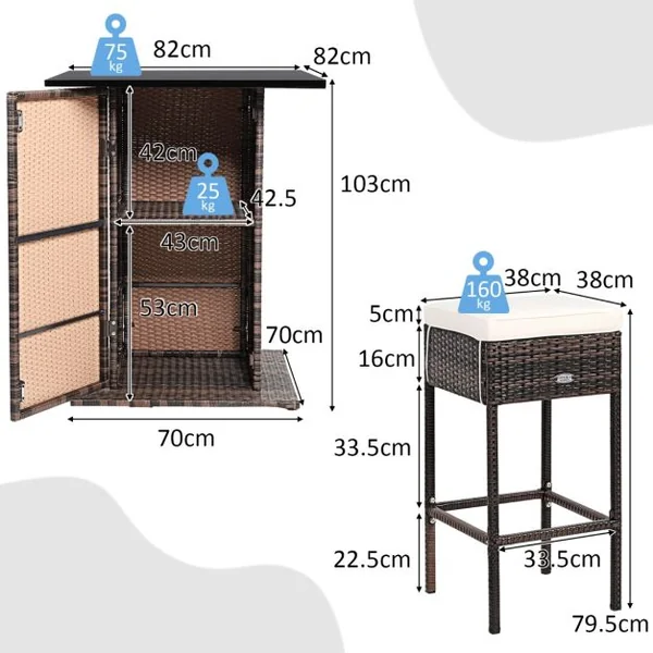 Ensemble de Bar de Jardin 5 PCS en Rotin PE Tabouret Charge 160KG Ensemble de Mobilier avec Coussins Étagère de Rangement Cachée Noir