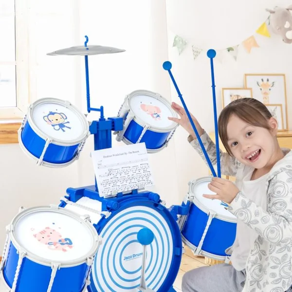 Ensemble de Batterie de Jazz pour Enfants Grosse Caisse 2 Caisses Centrales 2 Caisses Claires Cymbale Baguettes Pédale pour Les 3 Ans et Plus Bleu