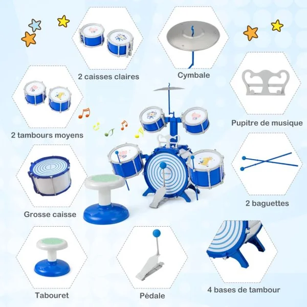 Ensemble de Batterie de Jazz pour Enfants Grosse Caisse 2 Caisses Centrales 2 Caisses Claires Cymbale Baguettes Pédale pour Les 3 Ans et Plus Bleu