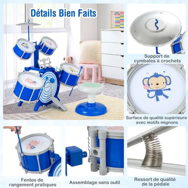 Ensemble de Batterie de Jazz pour Enfants Grosse Caisse 2 Caisses Centrales 2 Caisses Claires Cymbale Baguettes Pédale pour Les 3 Ans et Plus Bleu