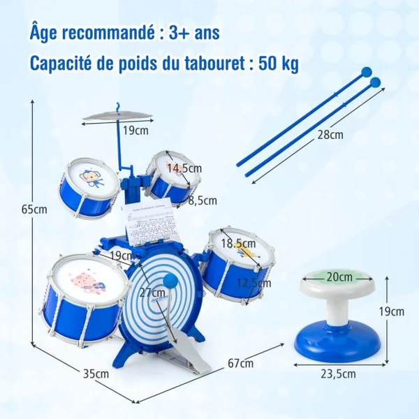 Ensemble de Batterie de Jazz pour Enfants Grosse Caisse 2 Caisses Centrales 2 Caisses Claires Cymbale Baguettes Pédale pour Les 3 Ans et Plus Bleu