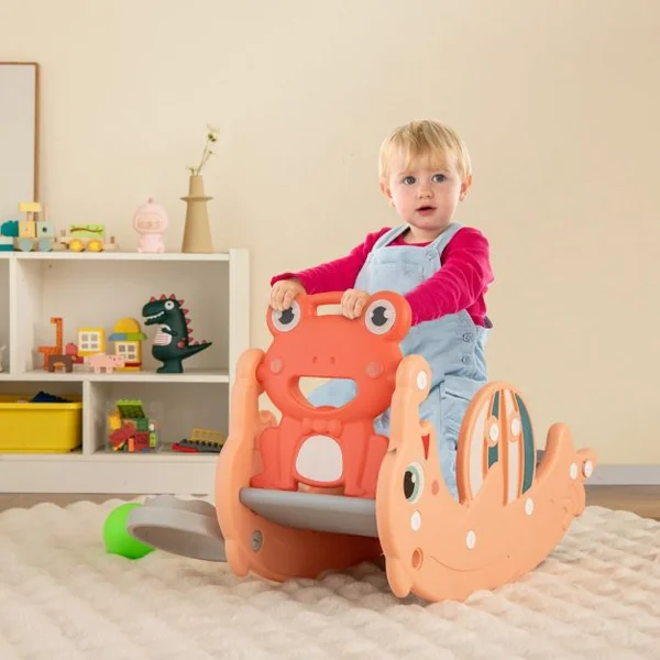 Ensemble de Cheval à Bascule 3 en 1 pour Enfants Toboggan Convertible pour Tout-petits avec Panier de Basket Vert