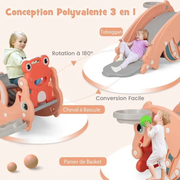 Ensemble de Cheval à Bascule 3 en 1 pour Enfants Toboggan Convertible pour Tout-petits avec Panier de Basket Vert