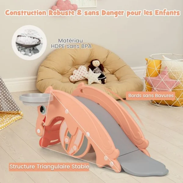 Ensemble de Cheval à Bascule 3 en 1 pour Enfants Toboggan Convertible pour Tout-petits avec Panier de Basket Vert