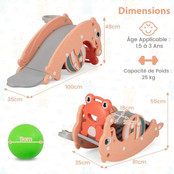 Ensemble de Cheval à Bascule 3 en 1 pour Enfants Toboggan Convertible pour Tout-petits avec Panier de Basket Vert