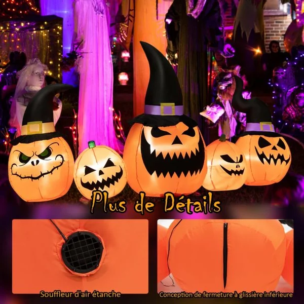 Ensemble de Citrouilles Gonflables d'Halloween Décoration d'Halloween avec Lumières LED Intégrées pour Cour Jardin