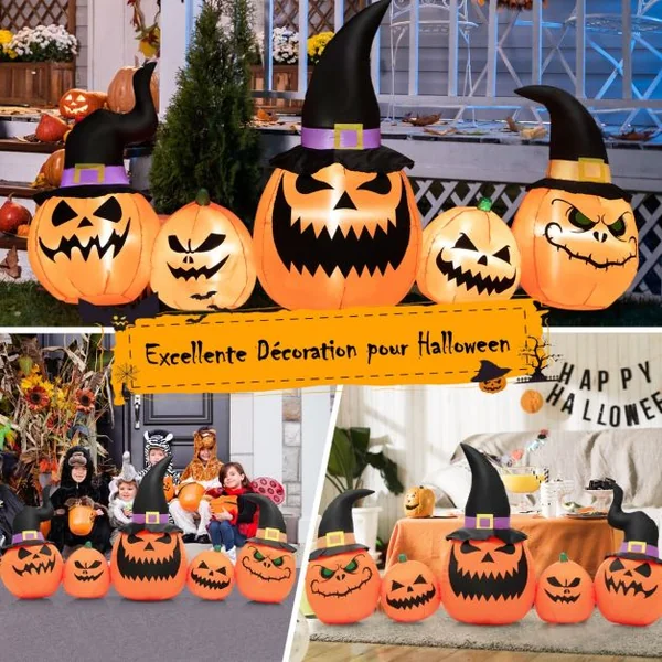 Ensemble de Citrouilles Gonflables d'Halloween Décoration d'Halloween avec Lumières LED Intégrées pour Cour Jardin