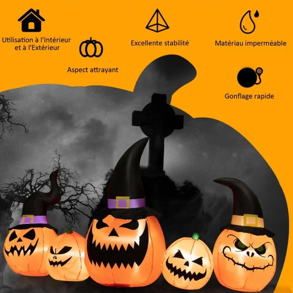 Ensemble de Citrouilles Gonflables d'Halloween Décoration d'Halloween avec Lumières LED Intégrées pour Cour Jardin
