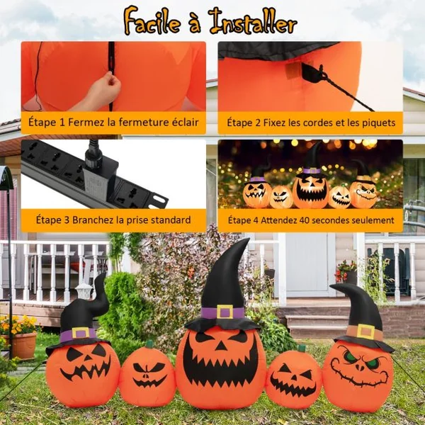 Ensemble de Citrouilles Gonflables d'Halloween Décoration d'Halloween avec Lumières LED Intégrées pour Cour Jardin