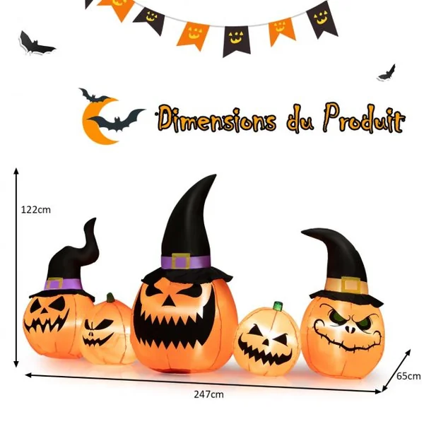 Ensemble de Citrouilles Gonflables d'Halloween Décoration d'Halloween avec Lumières LED Intégrées pour Cour Jardin