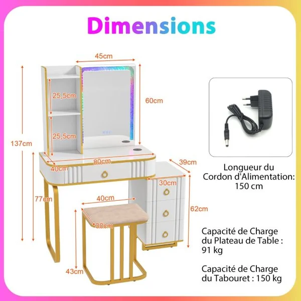 Ensemble de Coiffeuse avec Miroir Lumières et 4 Tiroirs 7 Lumières LED RVB Dynamiques et 7 Statiques à Intensité Variable pour Chambre Blanc/Noir