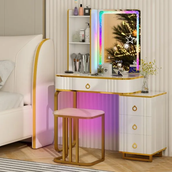Ensemble de Coiffeuse avec Miroir Lumières et 4 Tiroirs 7 Lumières LED RVB Dynamiques et 7 Statiques à Intensité Variable pour Chambre Blanc/Noir