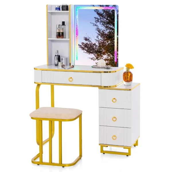Ensemble de Coiffeuse avec Miroir Lumières et 4 Tiroirs 7 Lumières LED RVB Dynamiques et 7 Statiques à Intensité Variable pour Chambre Blanc/Noir