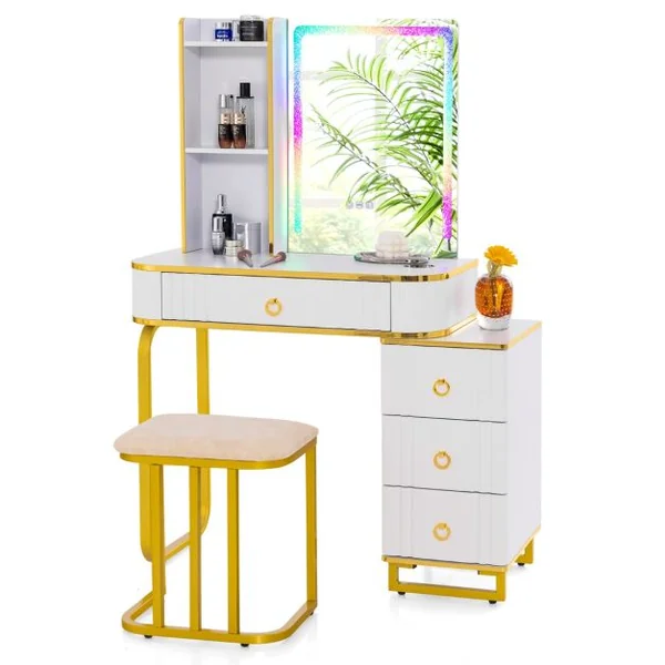 Ensemble de Coiffeuse avec Miroir Lumières et 4 Tiroirs 7 Lumières LED RVB Dynamiques et 7 Statiques à Intensité Variable pour Chambre Blanc/Noir