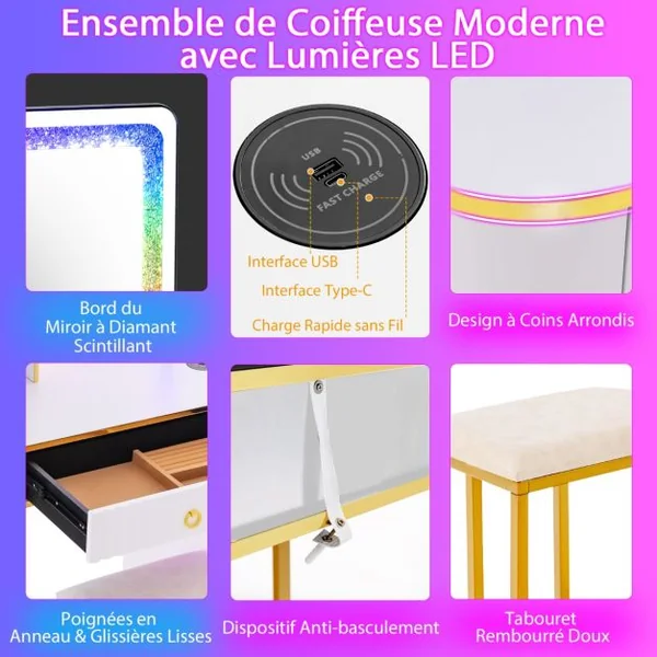 Ensemble de Coiffeuse avec Miroir Lumières et 4 Tiroirs 7 Lumières LED RVB Dynamiques et 7 Statiques à Intensité Variable pour Chambre Blanc/Noir