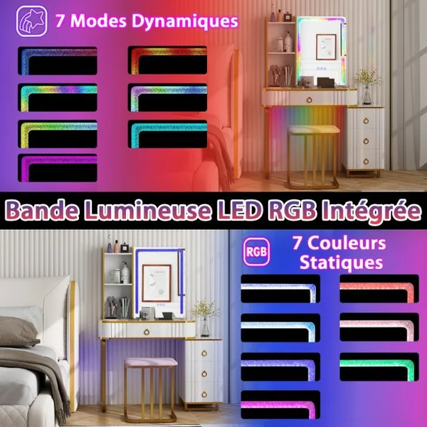 Ensemble de Coiffeuse avec Miroir Lumières et 4 Tiroirs 7 Lumières LED RVB Dynamiques et 7 Statiques à Intensité Variable pour Chambre Blanc/Noir
