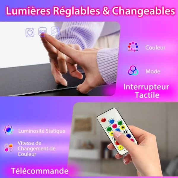 Ensemble de Coiffeuse avec Miroir Lumières et 4 Tiroirs 7 Lumières LED RVB Dynamiques et 7 Statiques à Intensité Variable pour Chambre Blanc/Noir