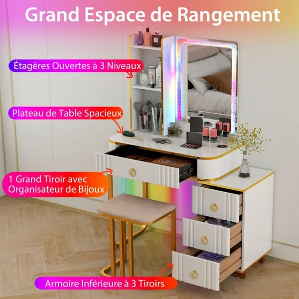 Ensemble de Coiffeuse avec Miroir Lumières et 4 Tiroirs 7 Lumières LED RVB Dynamiques et 7 Statiques à Intensité Variable pour Chambre Blanc/Noir